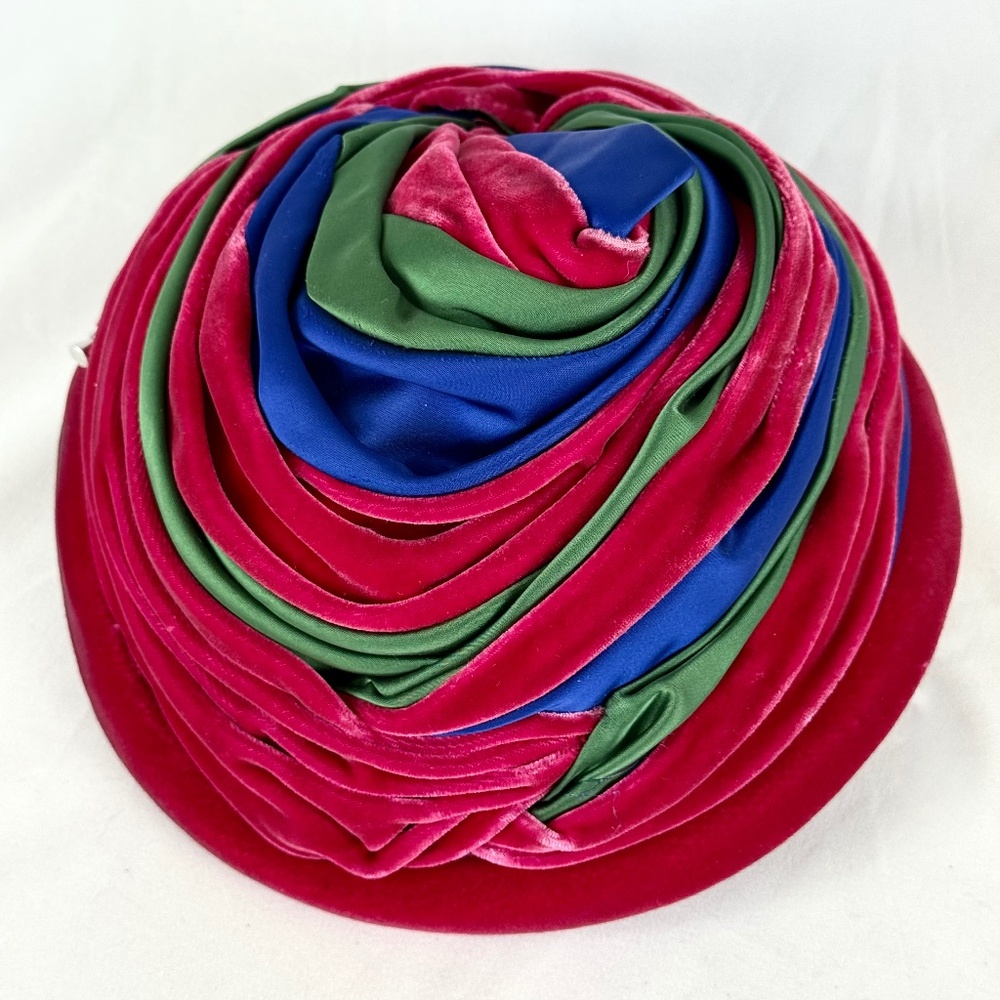 1960s Gwenn Pennington Bee Hive Hat Magenta Blue Green Velvet Turban Church Lady